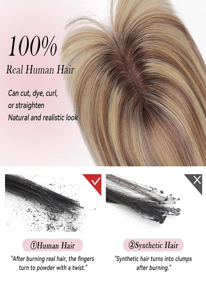 EMMOR 10 Inch Real Human Hair Topper for Women - Upgrade Swiss Lace Base with 3 Non-Slip Clips, 4.5" x 3" Clip in Bangs for Thinning Hair & Natural Hair Loss Coverage(Ombre Blonde & Brown Highlight) - Image 4